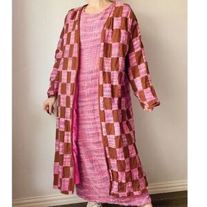 Vintage MOLATO Silk Pink Tweed‎ Patchwork Hippie 70s Maxi Dress Duster Jacket